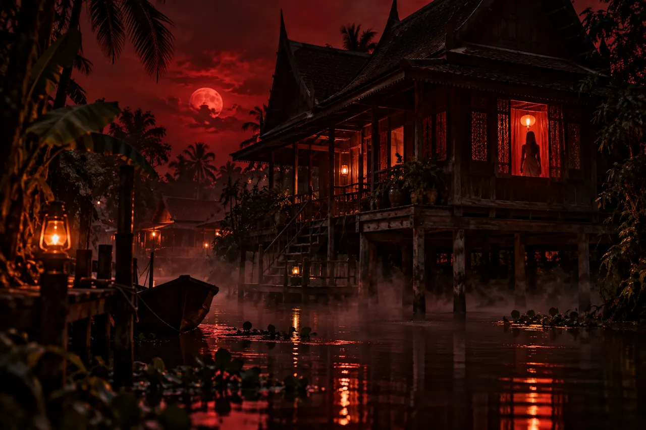 เรือนไทยริมคลองยามค่ำคืน หมอก และเงาผู้หญิงที่หน้าต่าง ตำนานแม่นาคพระโขนง